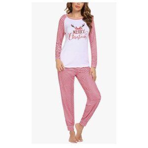 Merry Christmas Plaid Deer Antler Pajama Set Long Sleeve Print Tops and Striped
